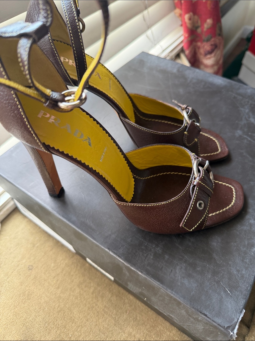 Prada Brown Leather Ankle-Strap Heels with Yellow Insole 4 inch heels - Picture 2 of 4